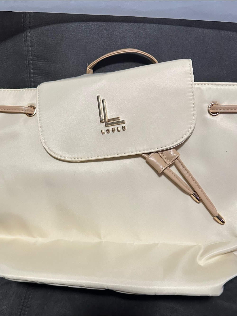 LouLu Cream Backpack with Tan Trim and Gold Logo New in bag